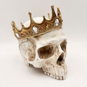 Gothic Skull with Gold Jeweled Crown Figurine Macabre Royal Home Decor Halloween